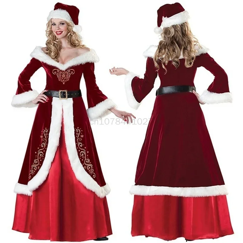 Trajes de cosplay de natal vermelho festa manga longa robe trajes de papai noel para mulheres adultas vestido de princesa de natal