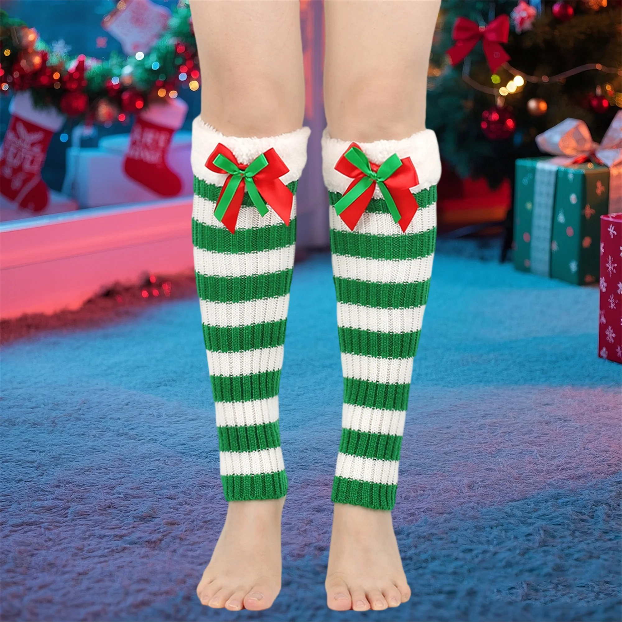 

Women s Cable Knit Leg Warmers with Faux Fur Trim and Pom Poms Winter Christmas Bowknot Striped Boot Cuffs Holiday Socks