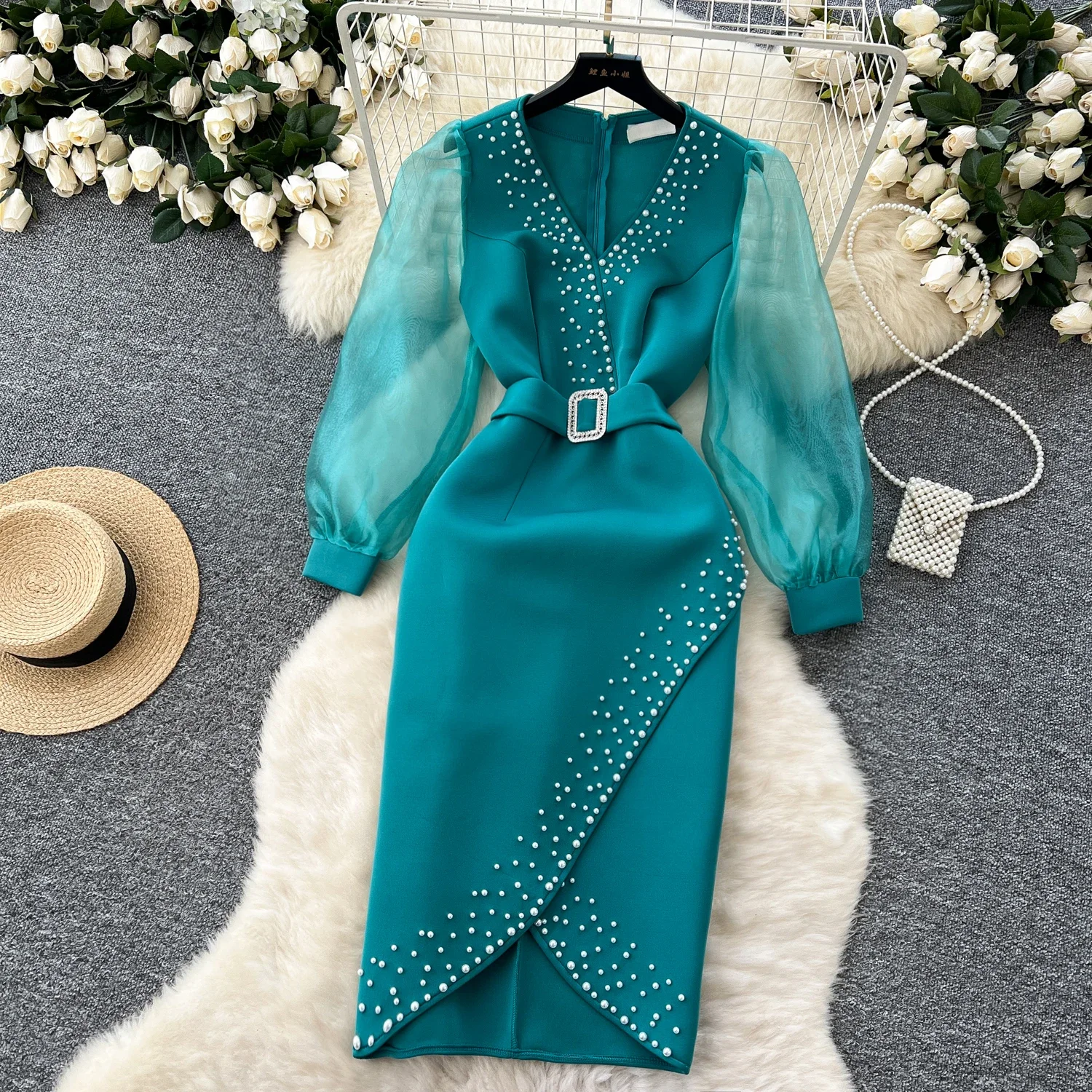 Elegant Embroidered Beads Vintage V-neck Spliced Mesh Sleeves Slim Fashion Long Dress Evening High Street Autumn Winter Clothing