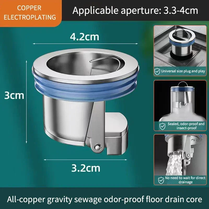 All-copper Floor Drain Core Floor Shower Drain Stopper Insectproof Anti-odor Deodorization Toilet Kitchen Bathroom Toilet Sewer image 4
