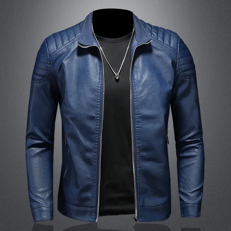 Men's Leather Motorcycle Jacket Standing Collar Fashion Trend Personalized Faux Leather Coat Stylish Biker Outerwear