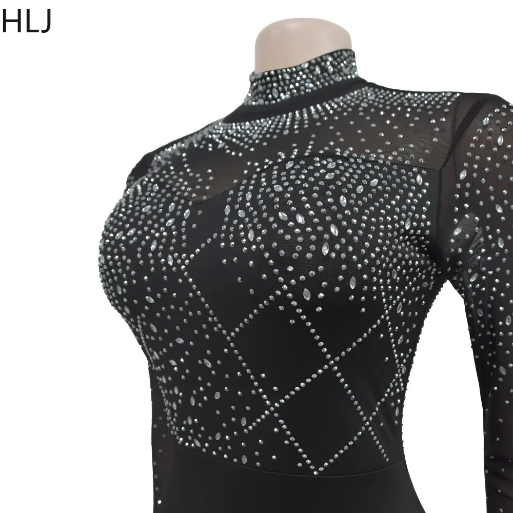 HLJ Elegant Rhinestone Maxi Dresses Women See Through Mesh Patchwork Bodycon Evening Party Dress Long Sleeve Birthday Vestidos