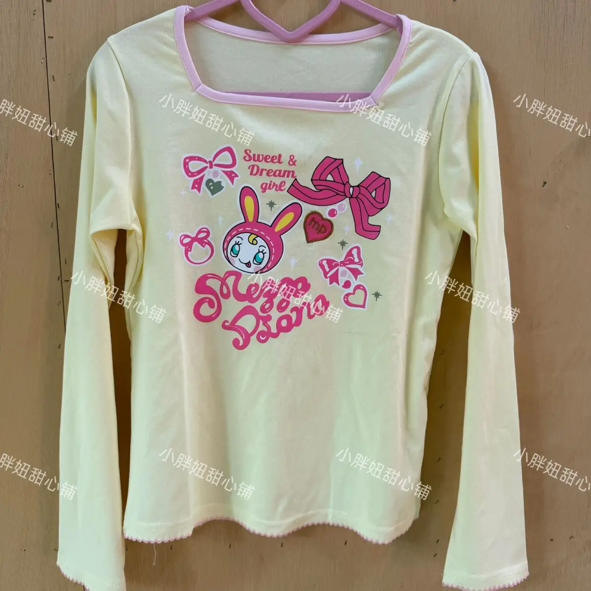 Japanese Cartoon Mp Embroidery Printed Square Neck Pink Daughter Clothing Jojifuku Subculture Long-sleeved T-shirt Y2k Top