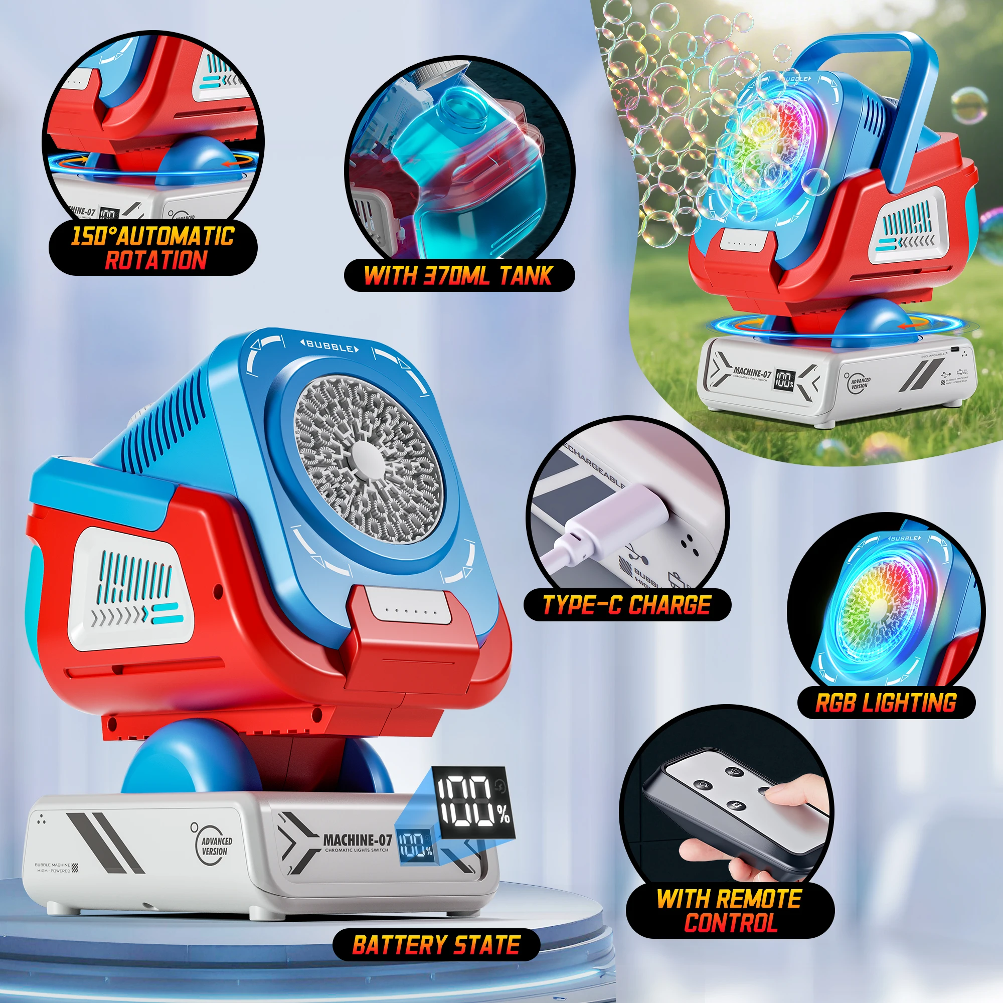 2025 Verbesserte Seifenblasenmaschine mit Fernbedienung, automatischer Drehung und RGB-Leuchten, 1800-mAh-Akku, Typ-C-Aufladung,