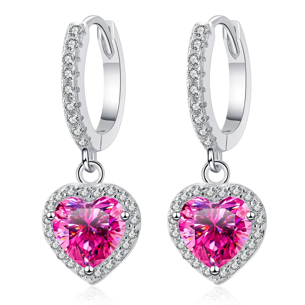 FIRERING Total 2ct Pink Heart Moissanite Drop Earrings Women wit Certificate Passed Diamond Test Eternal Jewelry Gift S925 Silve