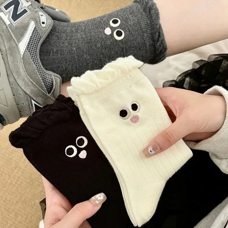 

Носки, детские носки без костей с кружевным ворсом, осенние и зимние женские носки на шнурке, милые носки-трубы с большими глазами из мультфильма