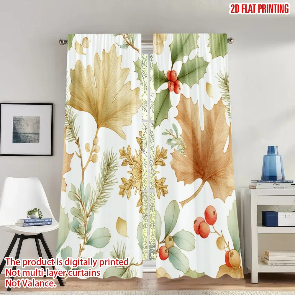 

2pcs 2D flat printing Fashionable Christmas curtains Christmas Holly Berries Pine Leaves Digital Printed Polyester Drapes