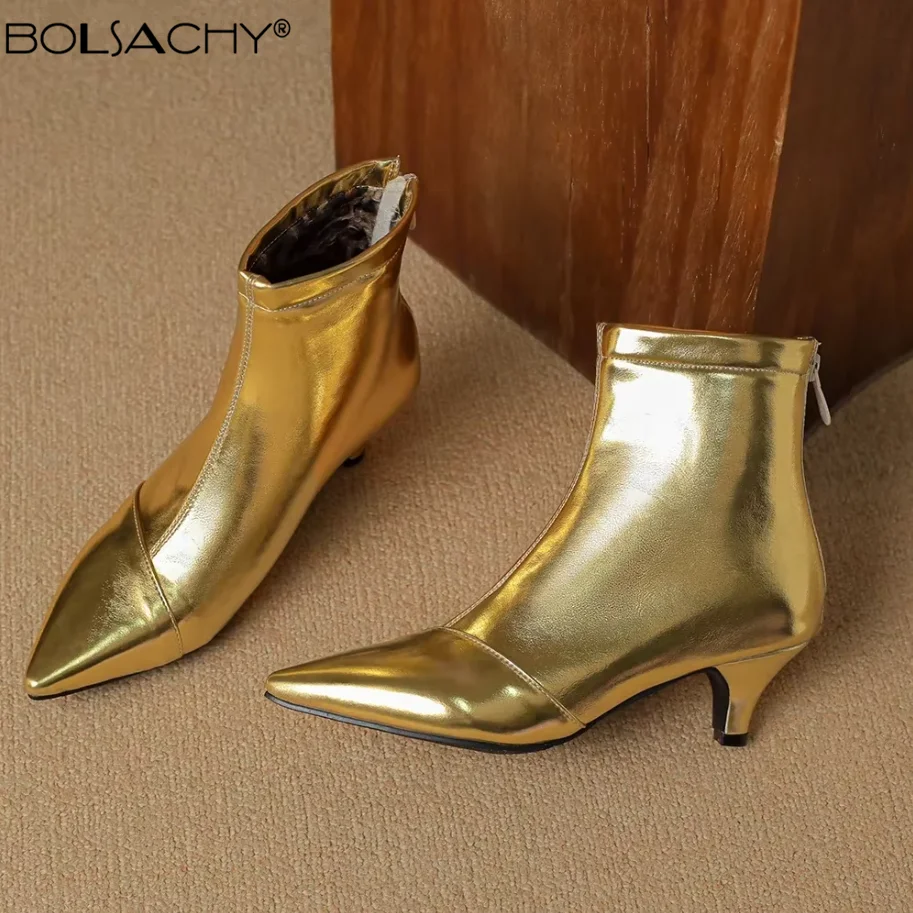 2026 New Gold Silver Stilettos Ankle Boots PU Leather Women Pointed Toe Low Heel Short Boots Sexy Women Zip Booties Feminim32-46