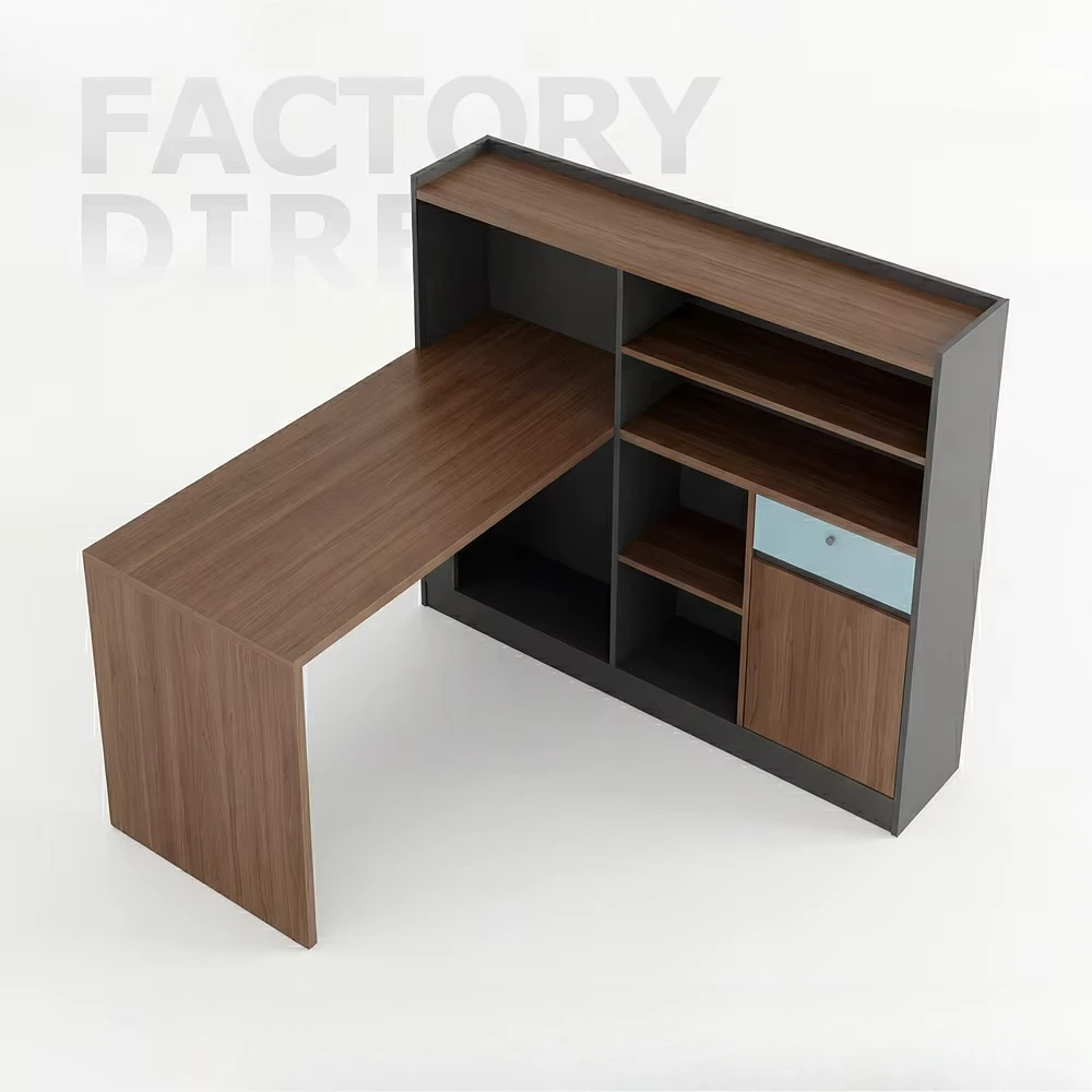 

Factory Price Wooden L Shaped Desk Modern Home Office Workstation With Storage Bookshelf Cabinet Computer Table