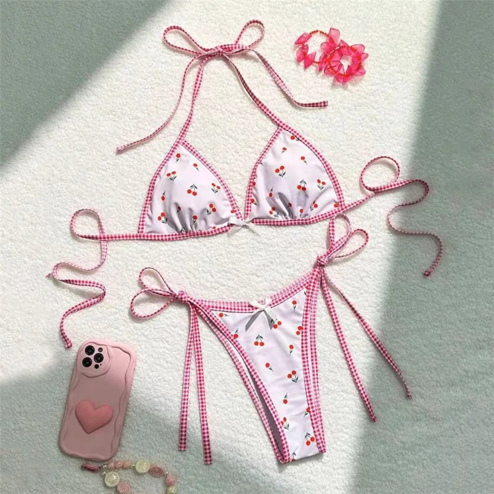 

Купальники с принтом сладкой вишни, треугольные стринги, комплекты бикини с лямкой на шее, женские микро-стринги 2025, сексуальный купальник, купальный костюм, бикини, бикини