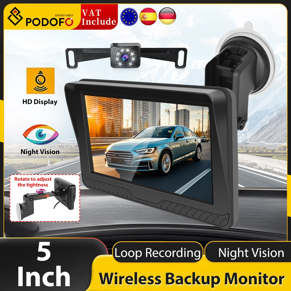 Podofo Digital wireless transmission 5-inch monitor HD reversing system suitable for car with license plate holder