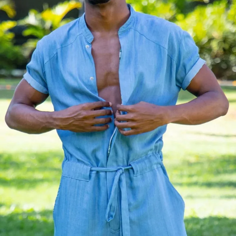 

Summer New Jumpsuit Trousers Waist Fashion Design Overalls Men's Short-sleeved Versatile Pants