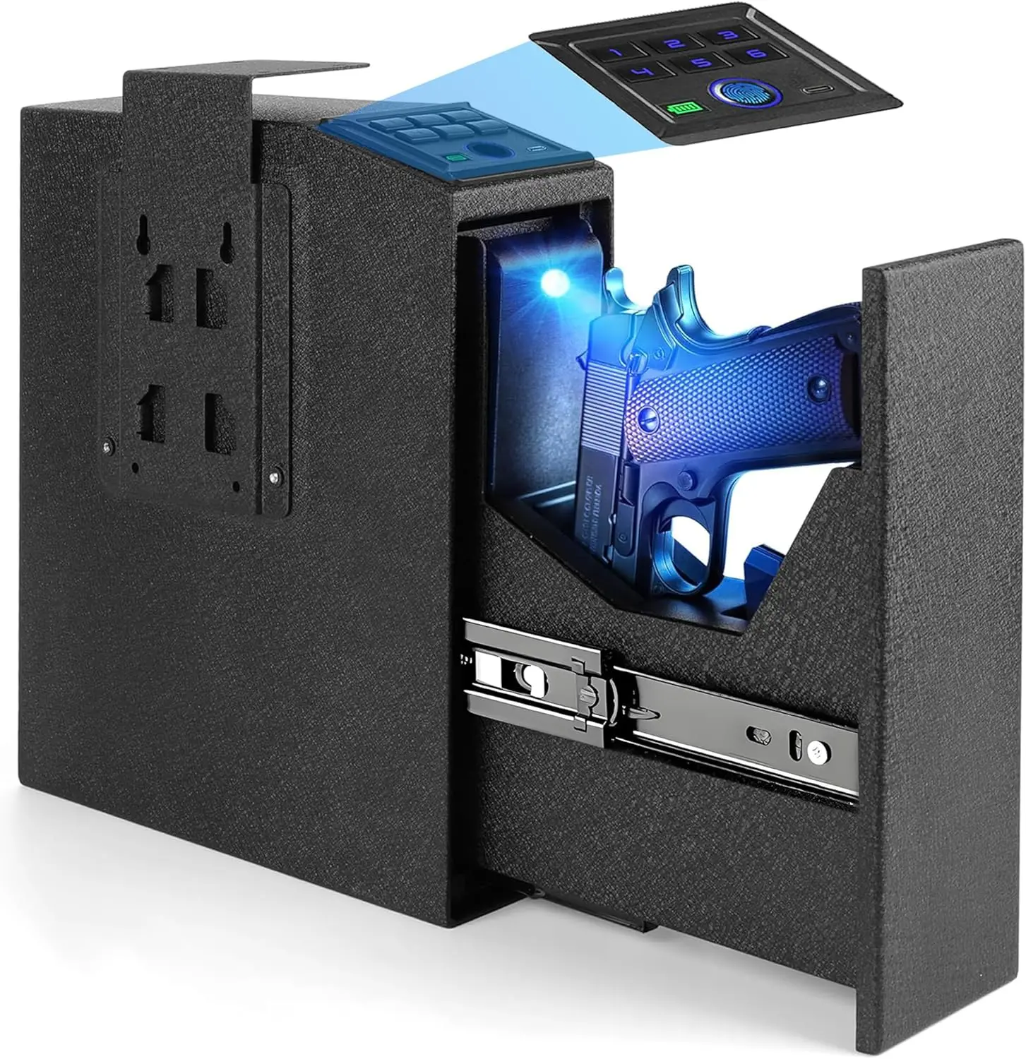 

Биометрический сейф для пистолета с отпечатками пальцев, пароход, ключи и быстрый доступ, автоматический поп, сейф для пистолета для тумбочки, стола, прикроватной тумбочки