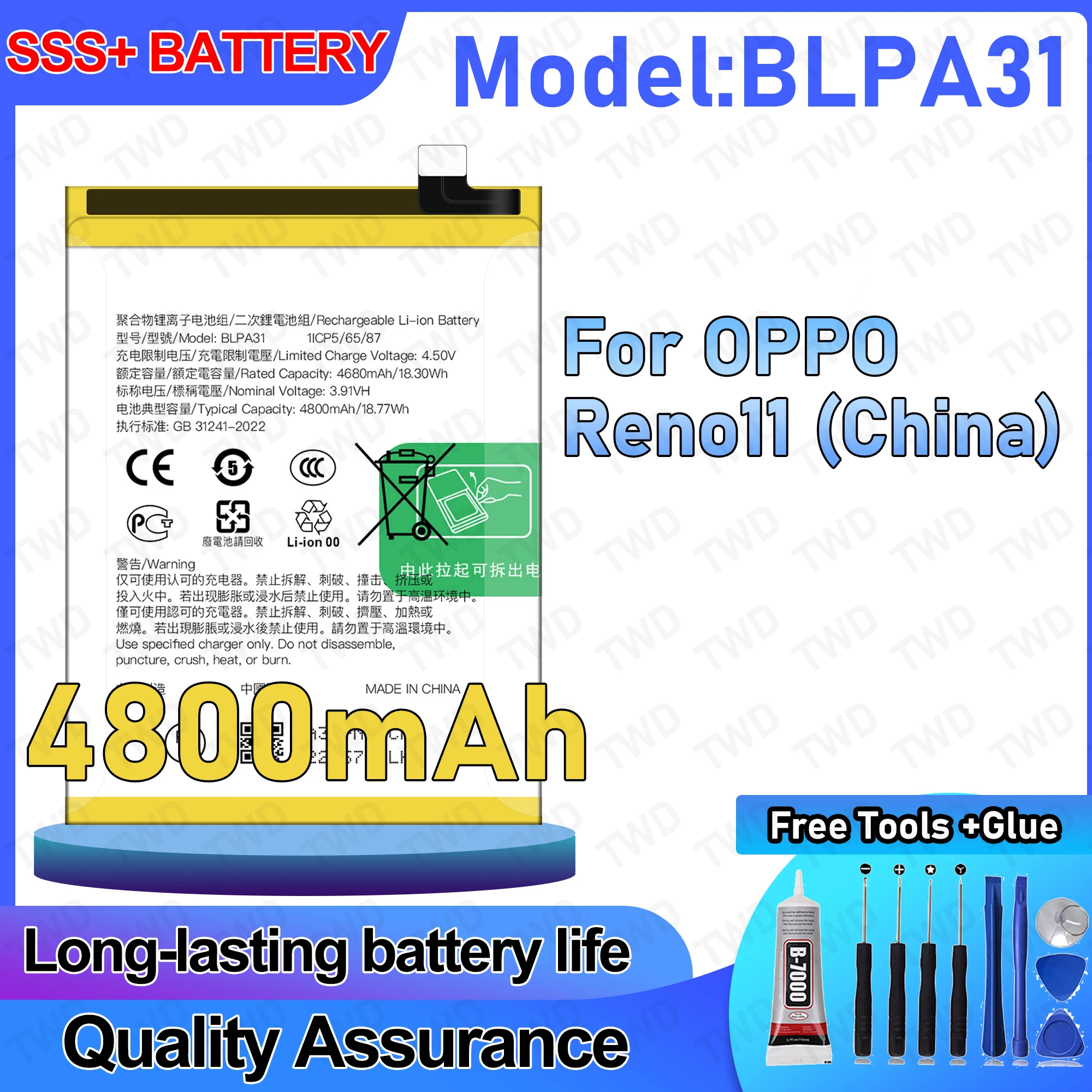 BLPA31 Large capacity 4800mAh Battery For OPPO Reno 11 China Batteries New High Quanlity+Free Tools