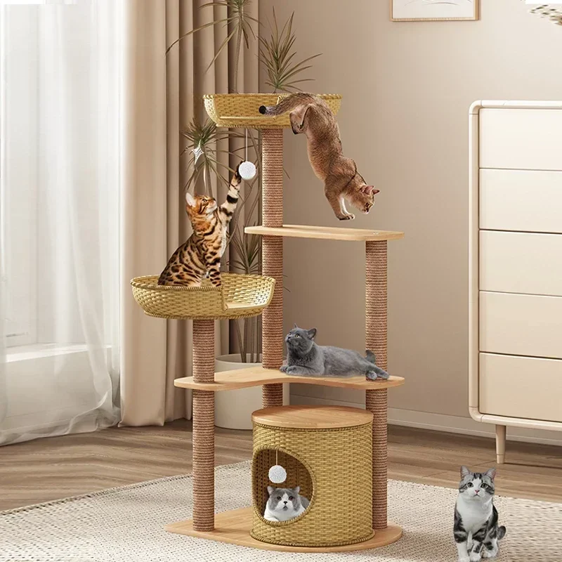 Eco-friendly Large Cat Scratching Post Multi-layer Hemp and Rattan Cat Tree House Durable Wear Scratch Resistant Cat Furniture