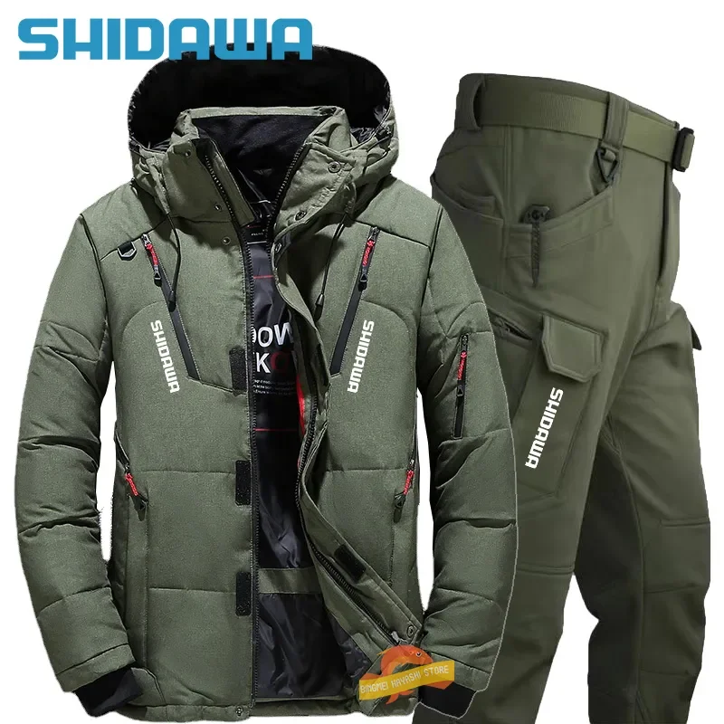 New Men Winter Thicken Warm Fishing Suits Outdoor Windproof Breathable Fishing Multi Pocket Hooded Down Jackets+waterproof Pants