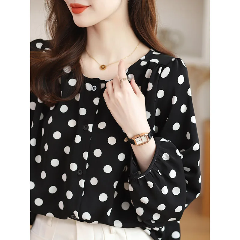 Women Clothing French Polka Dot Chiffon Shirt Spring Summer Loose Single Breasted Vintage O-neck Blouses Fashion Elegant Top