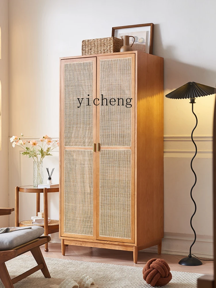 ZK Rattan Bed & Breakfast Solid Wood Wardrobe Retro Domestic Bedroom Storage Locker Small Apartment Wardrobe