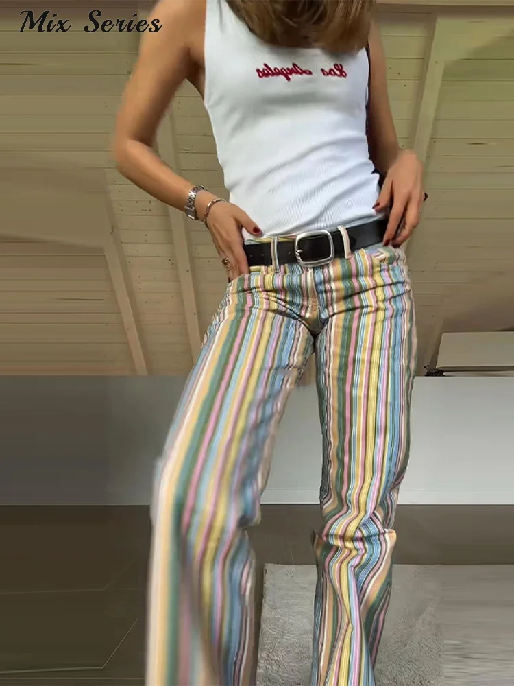 Fashion Color Block Rainbow Stripe Jeans Women's Low Rise Wide Leg Zippers Pant…
