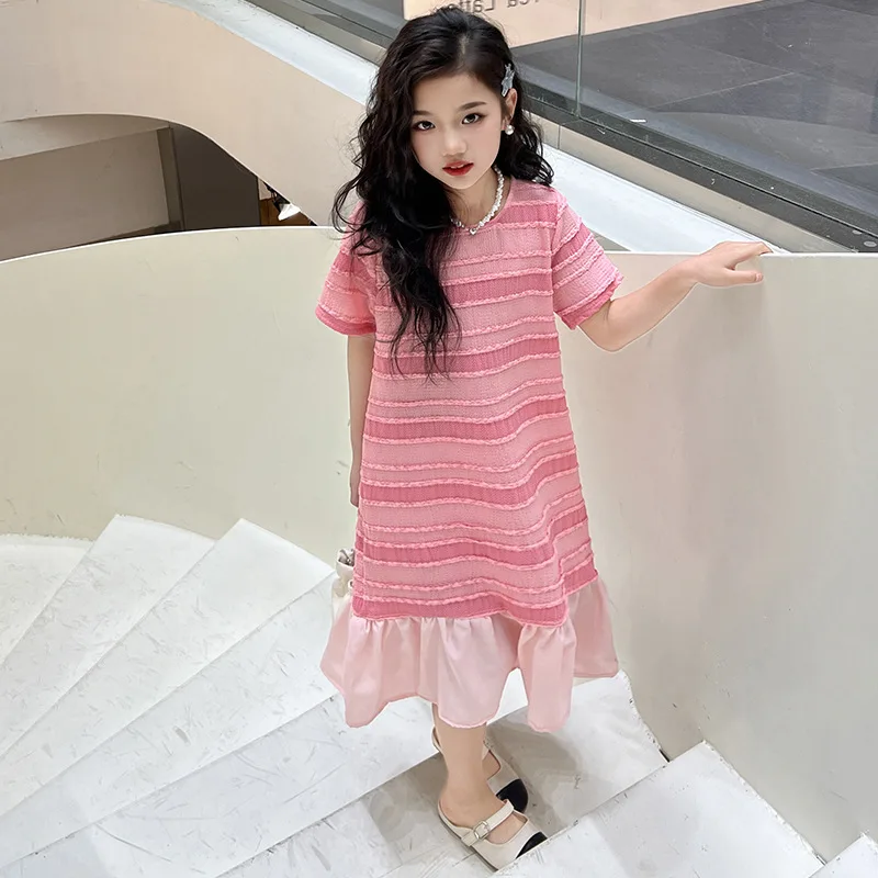 Girls Casual Dresses Pink Striped Short-sleeved Dress Mesh Patchwork Casual Dress Kids Clothes Summer Dress