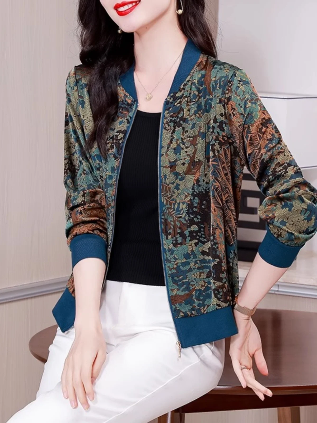 Floral Short Baseball Jacket Women's Spring Autumn Lightweight Versatile Midlife Mom Trendy Summer Sun Protection Baseball