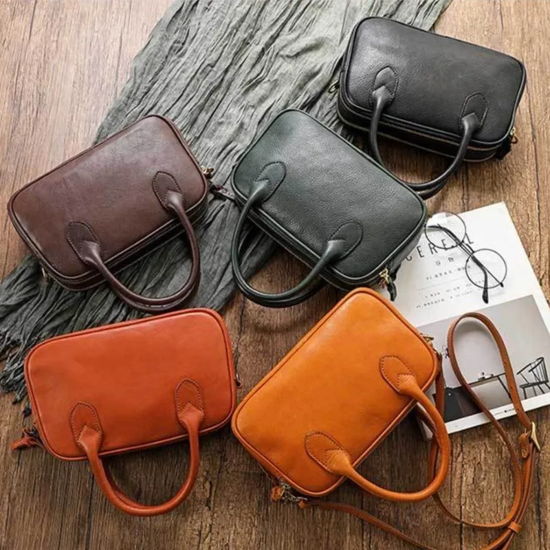 Johnature Simple Handbag Genuine Leather Women Bag 2024 New Natural Soft Real Cowhide Vintage Solid Color Shoulder Bags