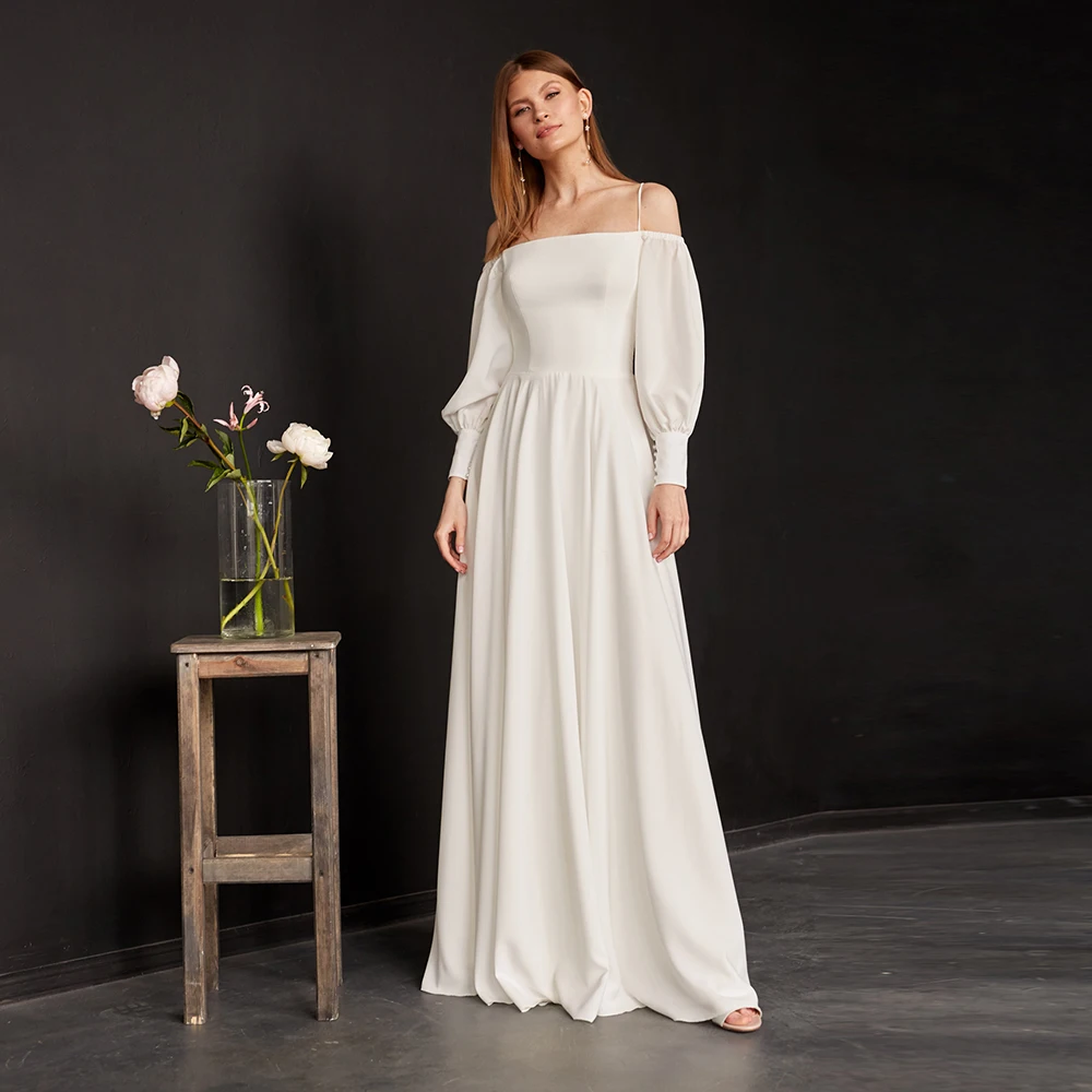 

Simple Guset Wedding Dresses For Woman Off Shoulder A Line Bridal Gown Long Sleeves Civil Floor Length Boat Neck Vestidos Noche