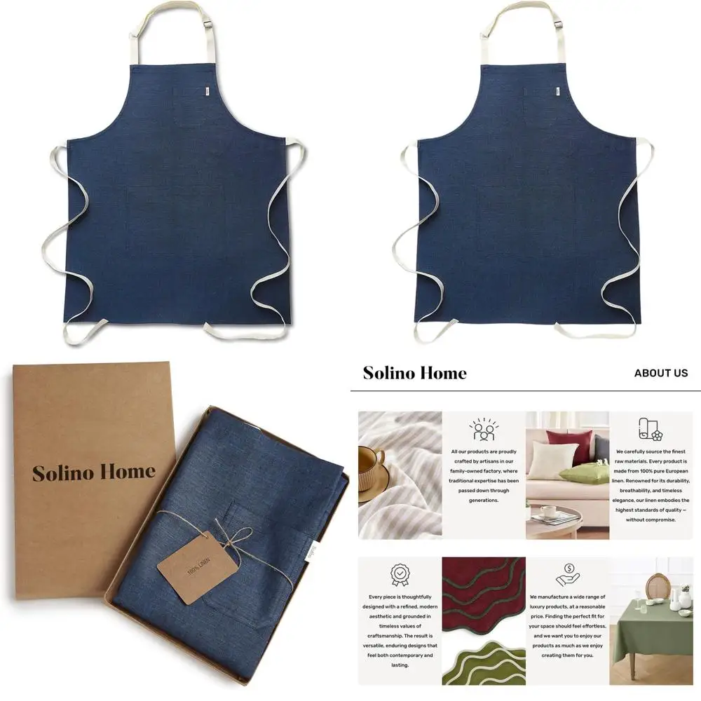 

Unisex Pure Linen Indigo & Ivory Apron with Pockets - Handmade from European Flax for Kitchen Use