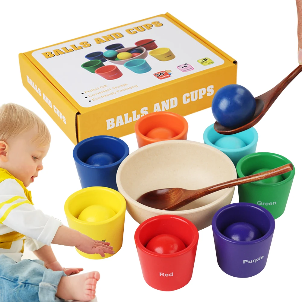 Bolas de arcoíris en tazas, juguete de clasificación de colores de madera, bolas grandes en tazas de 1,57 pulgadas, juguete de 7 pelotas para niños de más de 2 años, para niños pequeños y bebés