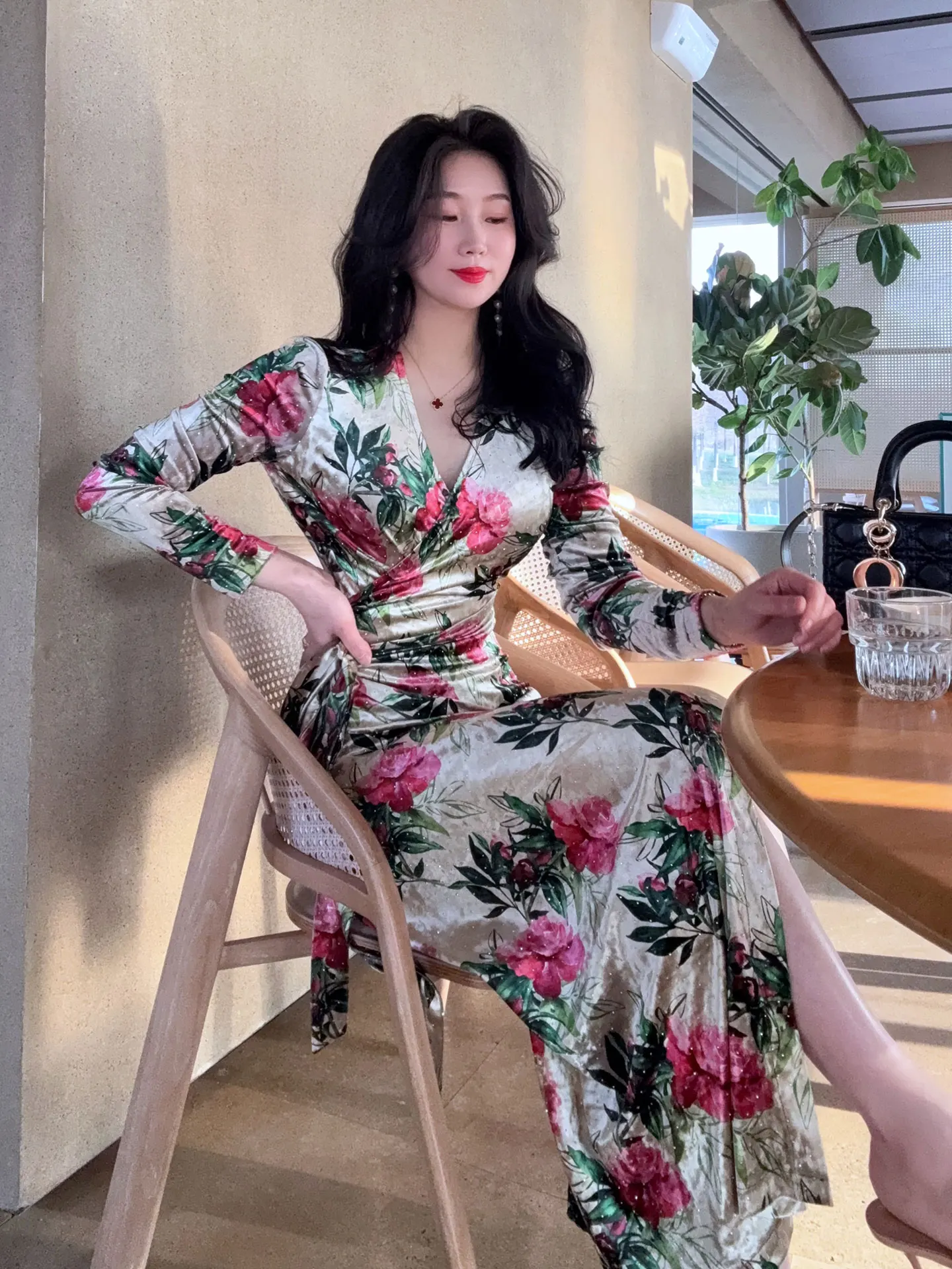 

Yang Xiao Jing Gold-d Velvet Long Dr Women's Spring Summer Waist-Cinching Belted Evening Dr Vintage Sle V-Ne