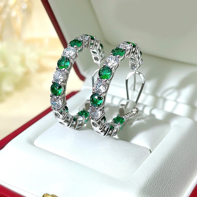 Fashionable and personalized design, green row diamond earrings, 925 silver, new luxurious and high-end wedding jewelry