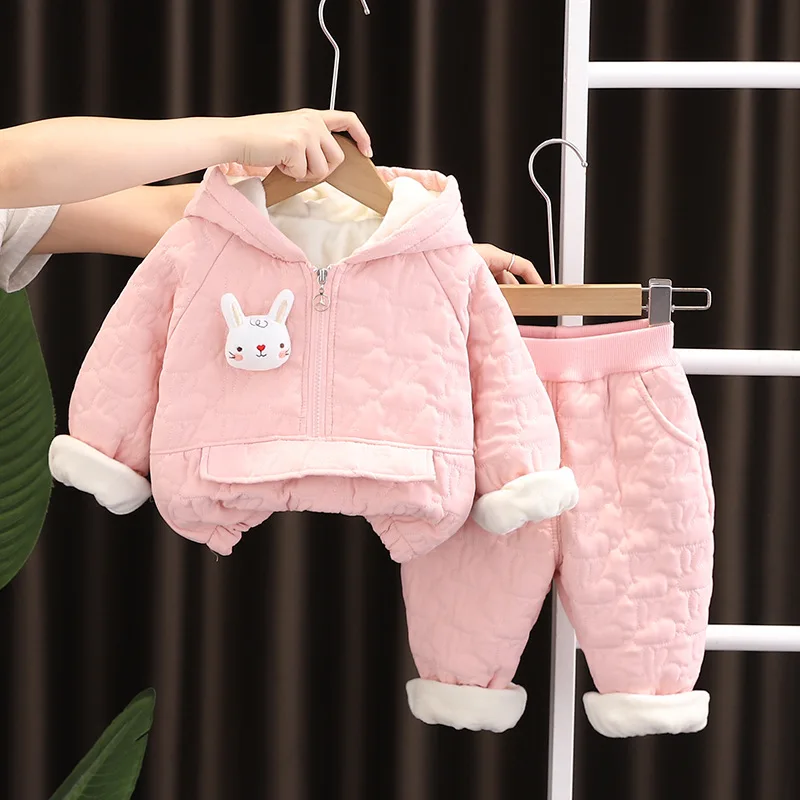 Autumn Winter Baby Girls Clothing Set Solid Color Lining Plush Thick Rabbit Pullover+Pants 2Pcs Suit For 1-5Y Kids Casual Outfit