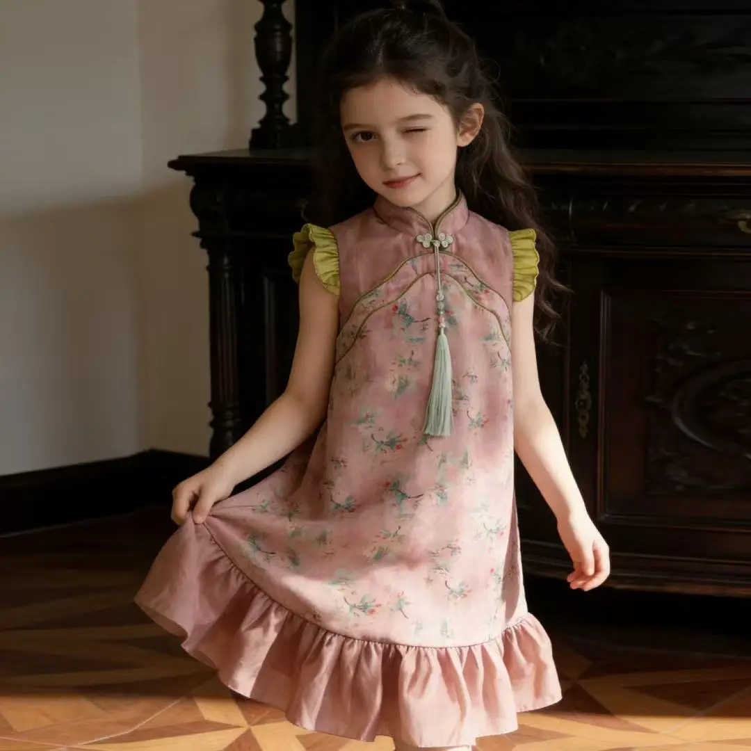Girls' New Chinese Cheongsam Skirt Summer New Style Children's Ethnic Style Vest Skirt Western Girls' Dress