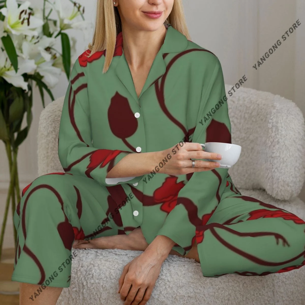 

Poppy Flower Floral Arrangement Ballerina Dance Botany Pajamas Loungewear Two-piece Button-Down Full Sleeve Long Pajamas Set