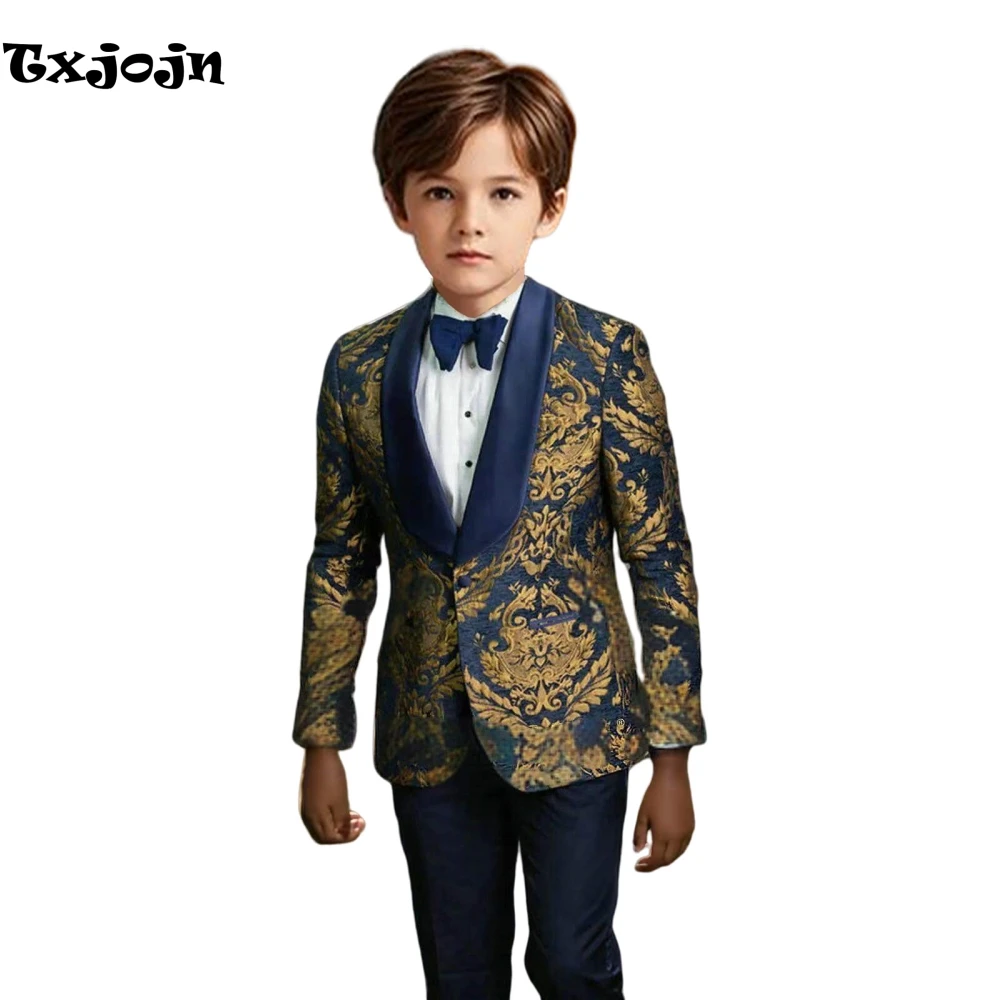 Gold Floral Pattern Boys Suit Set 2 Pieces Including Bow-tie Navy Blue One Button Kids Tuxuedo Wedding Ring Bearer Outfit 3-14Y