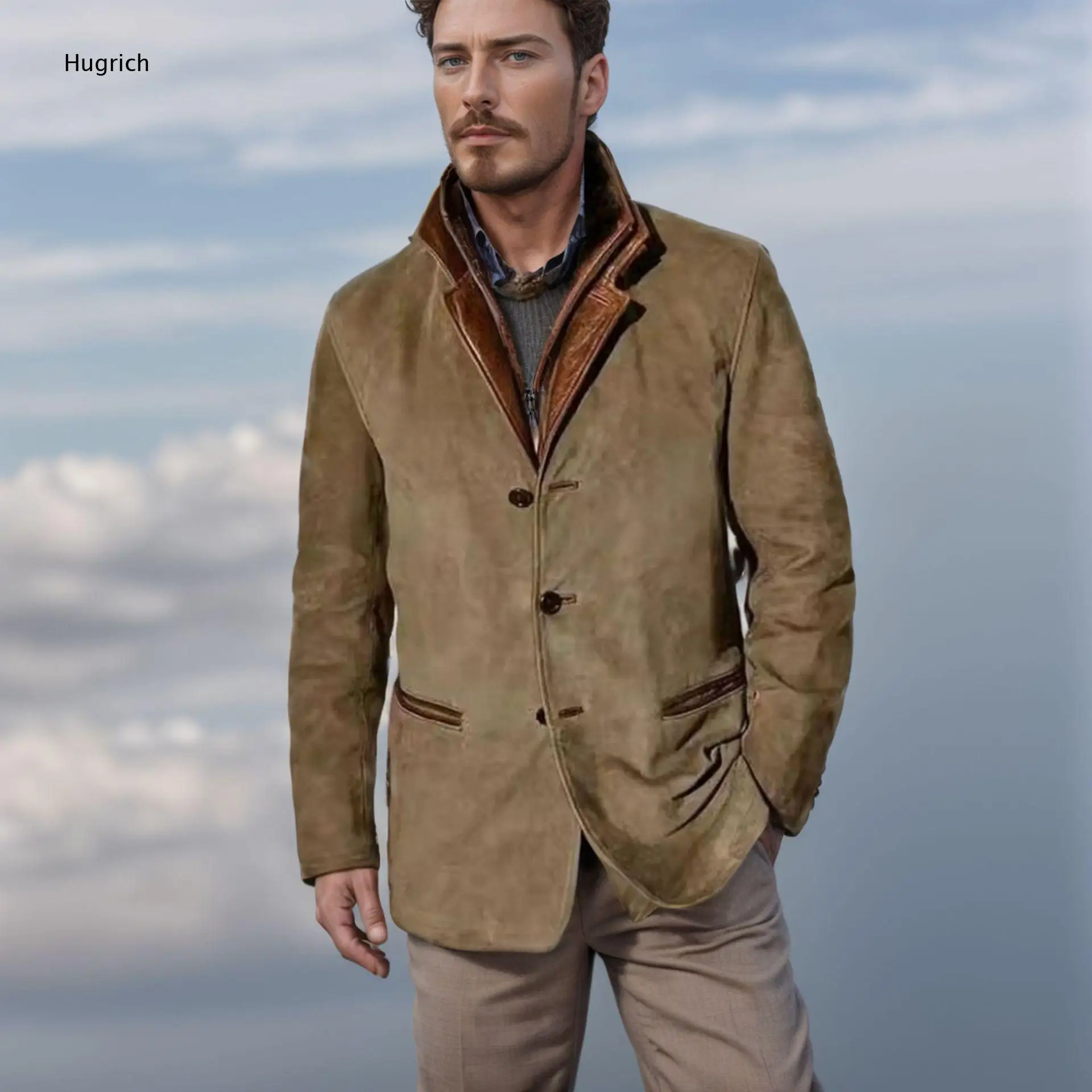 Khaki Leather Trim Suede Blazer Mens Notched Lapel Retro Western Business Casual Jacket