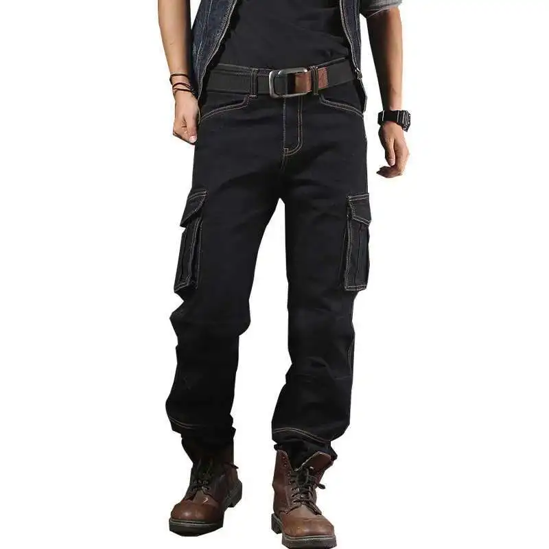 

Men Tactical Cargo Jeans Casual Multi Pockets Denim Pants Loose Straight Leg Oversized Trousers Wear-Resistant Outdoor Overalls