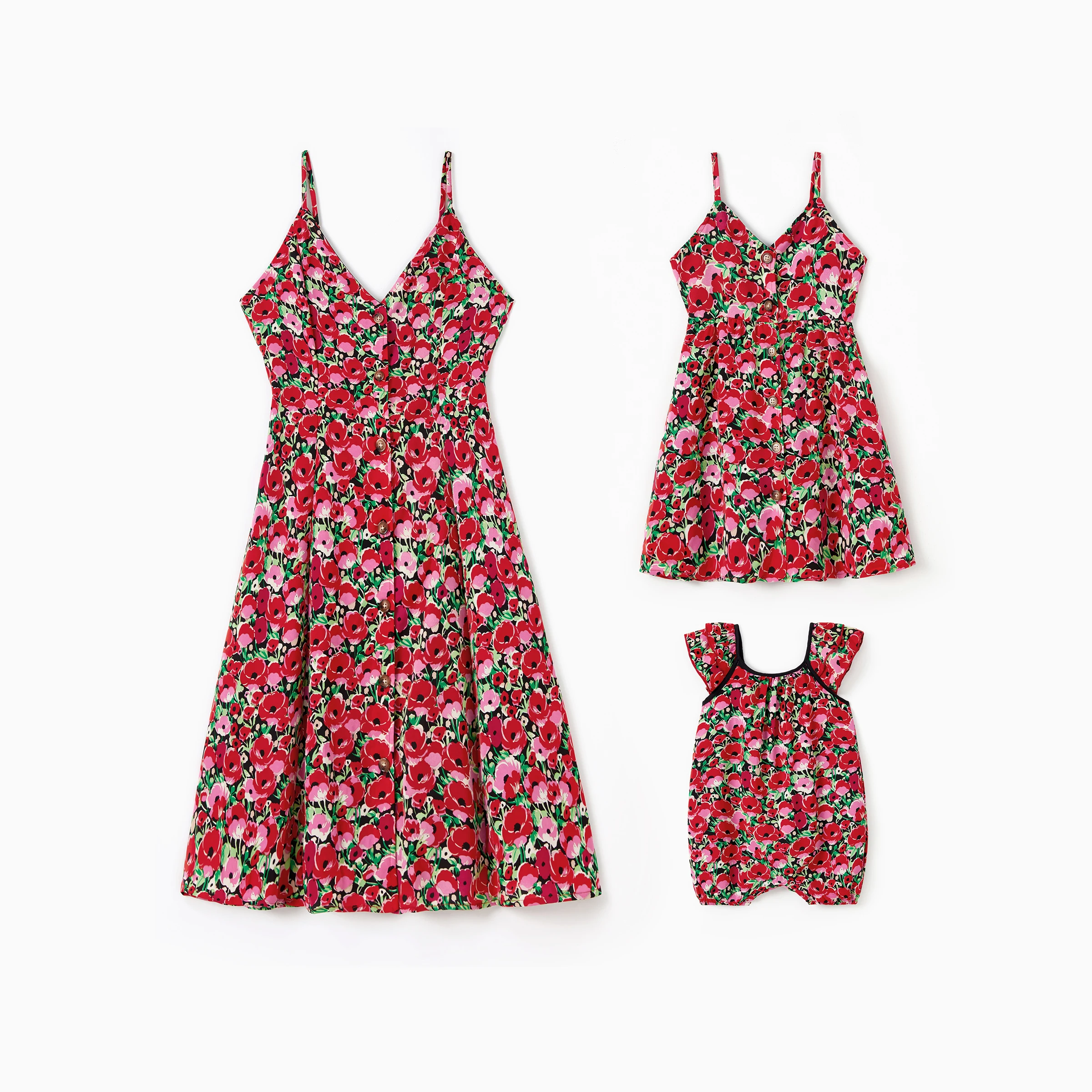 PatPat Mommy and Me Red Floral V-Neck Button Up Spaghetti Strap A-Line Matching Dresses