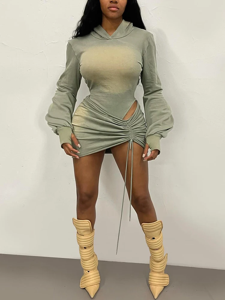 

Weird Puss Hooded Tie Dye 2 Piece Set Women Sexy Backless Full Sleeve Bandage Bodysuit+Shirring Skirts Matching Street Clubwear