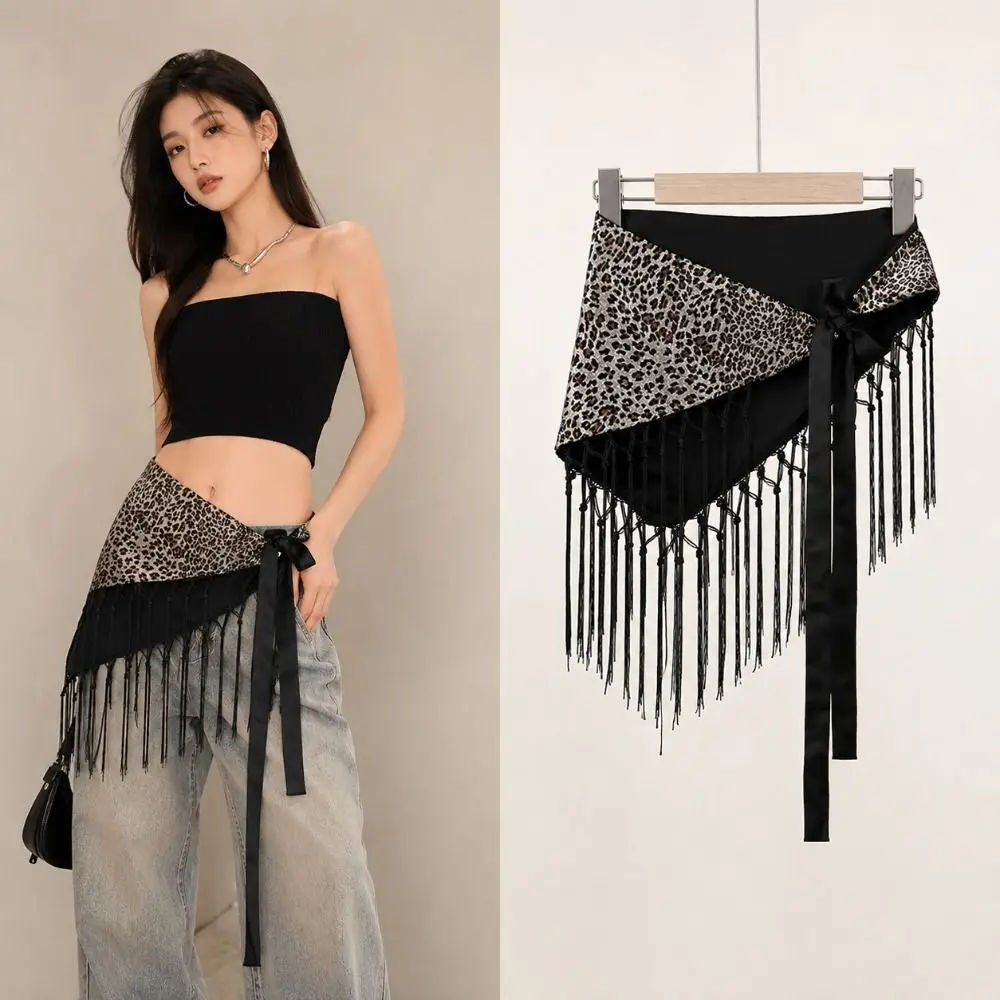 Hippie Leopard Print Triangle Hip Scarf Tie Dye Self-tie Waist Wrap Skirt Fringed Edge Decorative Waist Scarf Streetwear Style