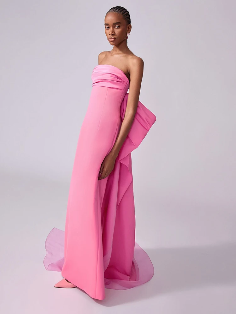 Abiti lunghi rosa senza spalline con fiocco oversize – Abito senza schienale con strascico lungo Abito da ballo per celebrazioni di compleanno, laurea scolastica