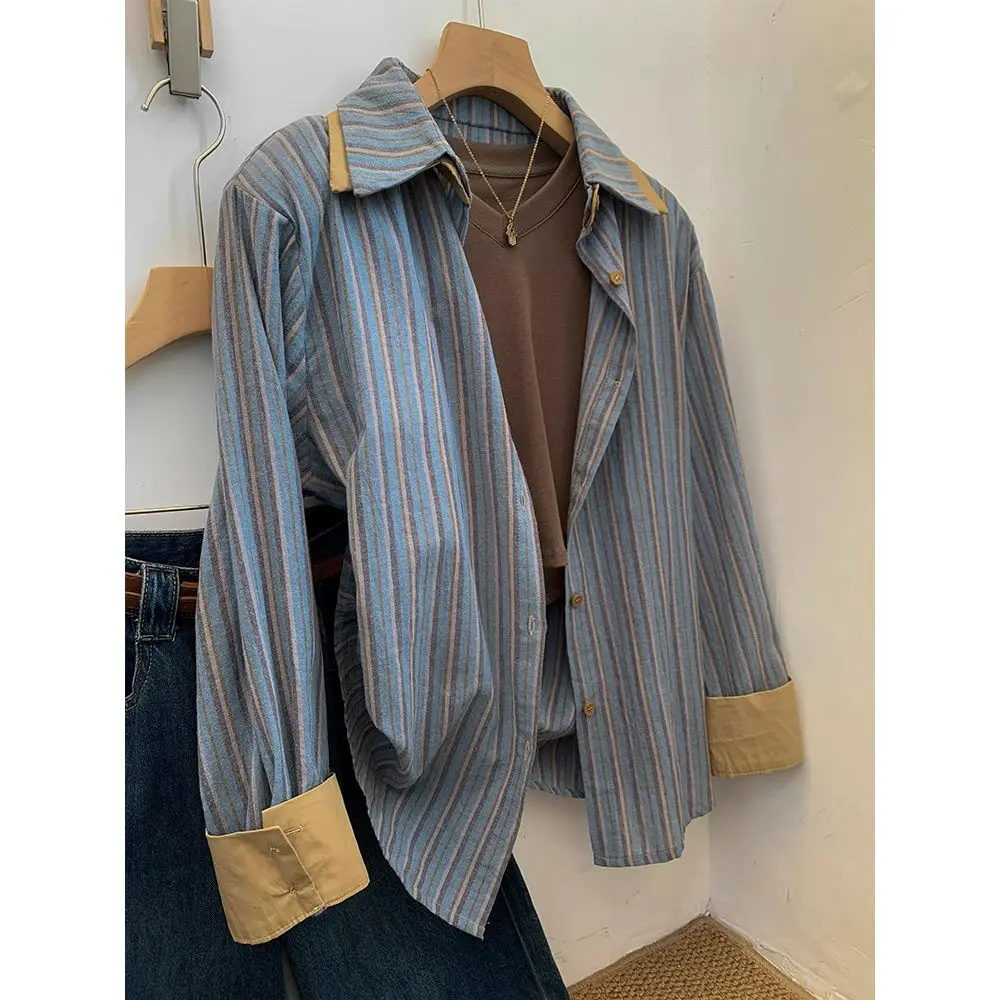 

Рубашка с длинным рукавом во французском синем полоску и двойным воротником, женская свободная элегантная блузка, пальто