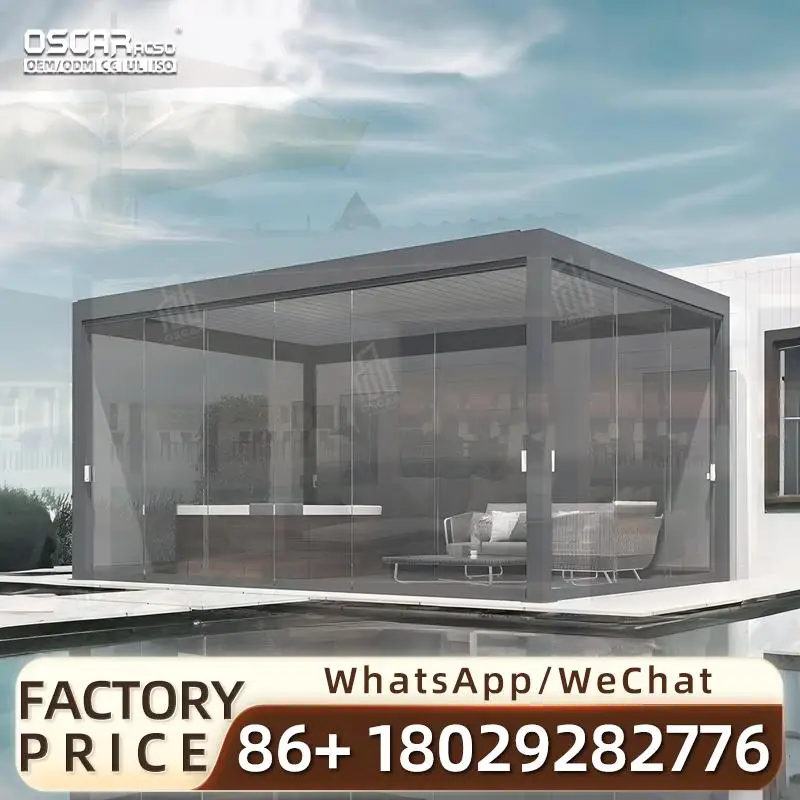 

Durable Weather Resistant Aluminum Patio Shelter Automated Electric Flap Blinds Resort Spa Outdoor Luxury Premium Patio Pavilion