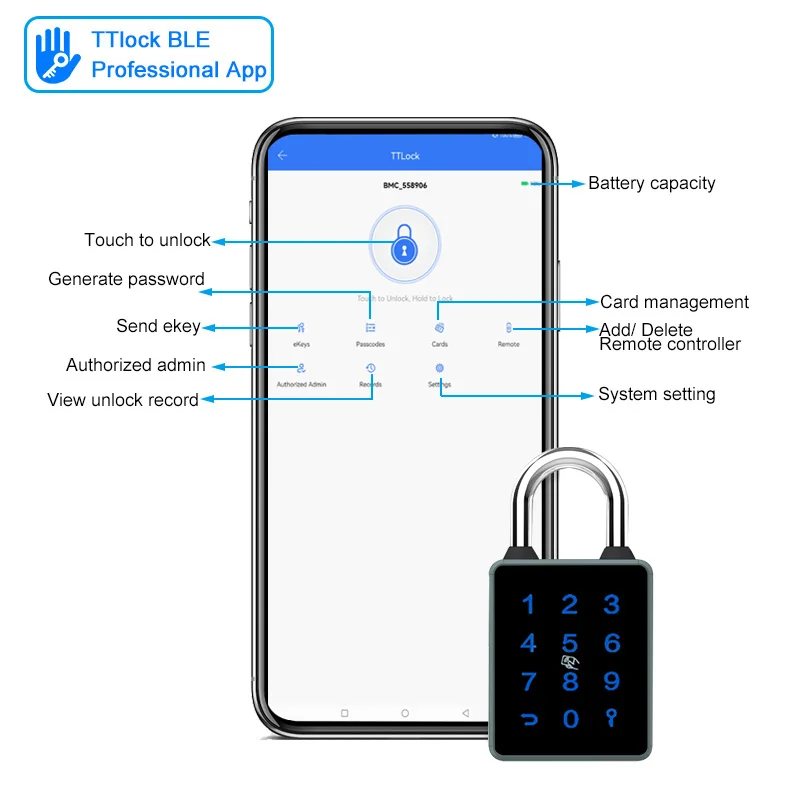 Waterproof TTlock App Password Key NFC M1 Card USB Rechargeable Digital Smart Padlock Bluetooth Support 4 Ways Unlock