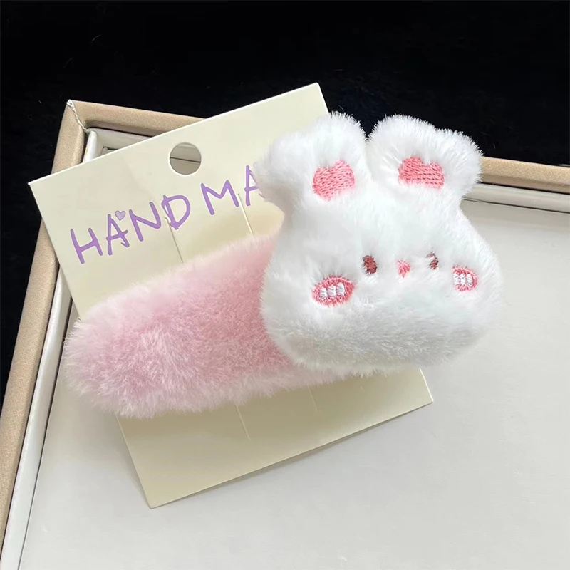 Cartoon Cute Rabbit Teddy Bear Hairpin Women Autumn And Winter Fashion Hairpin Plush Animal Side Clip BB Hair Accessories