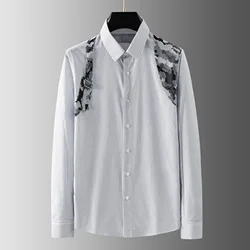 Metal Buckle Camouflage Patchwork Shirt for Men Brand Long Sleeve Striped Shirts Casual Business Banquet Party Blouse Tops