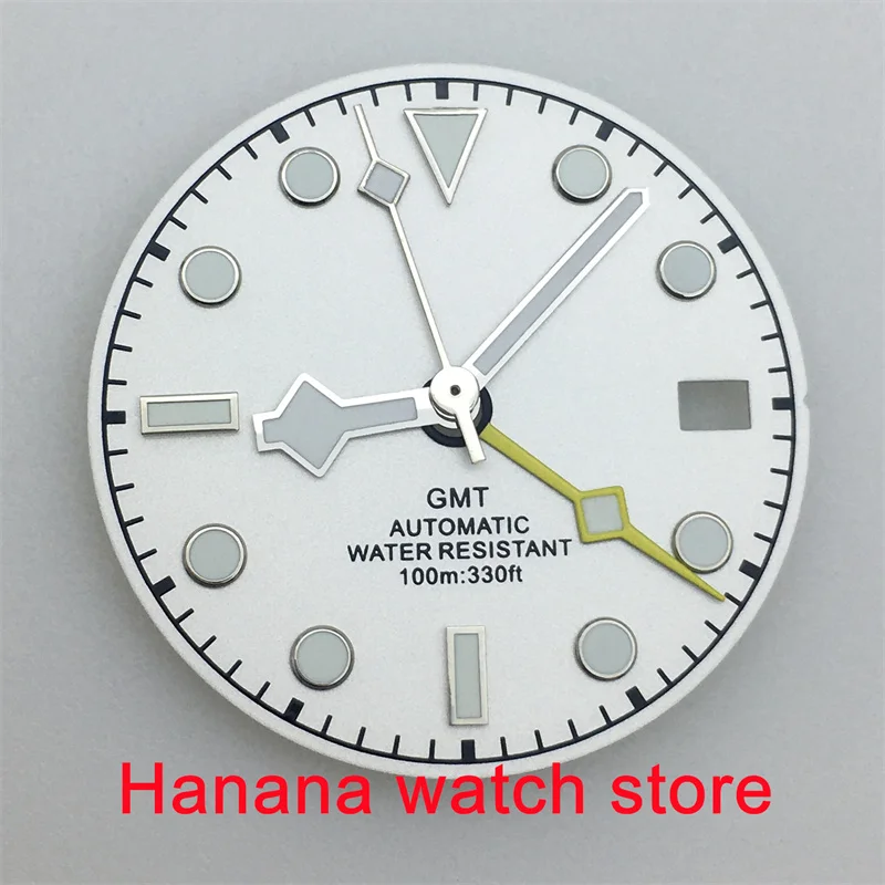 29mm sterylna tarcza GMT pasuje do rąk NH34 NH34A ruch GMT biała tarcza zielona świecąca męska zegarek części LOGO na zamówienie zegarek tarcza
