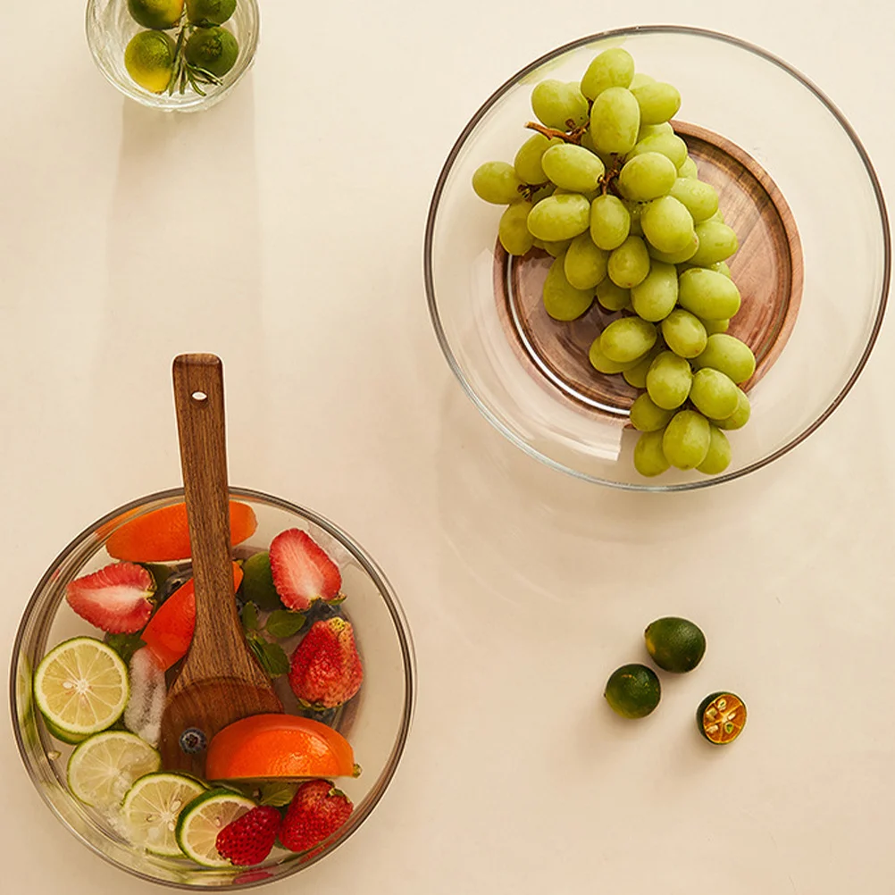 

1 комплект, стеклянная миска для фруктов, большой контейнер для салата, миска для закусок, десерта, деревянная основа, прозрачное стекло, многофункциональная тарелка для сервировки еды