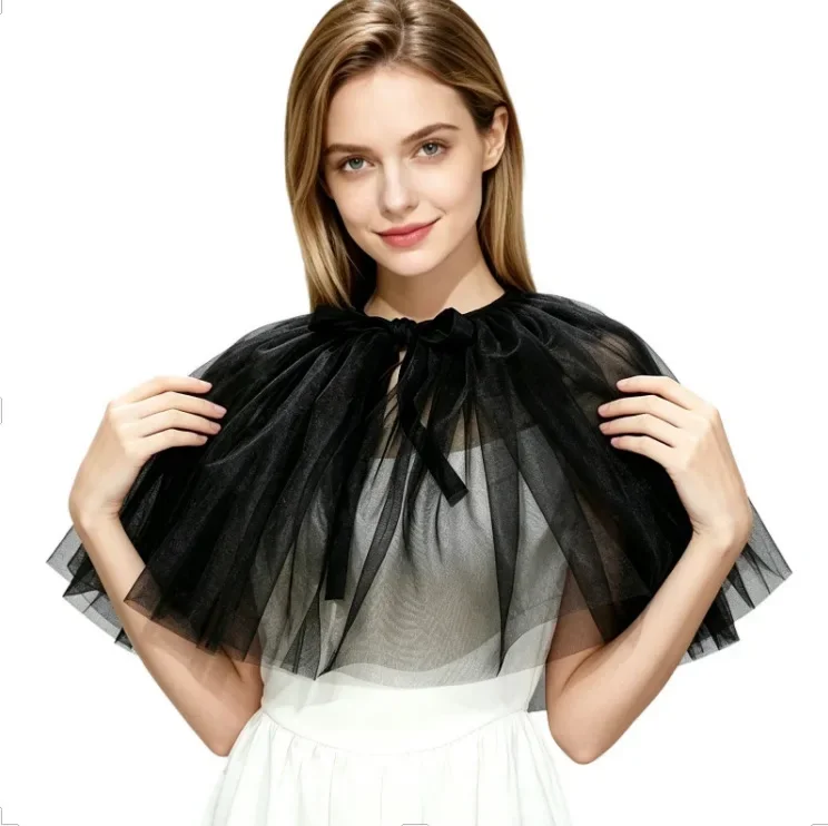 French Style Retro White Mesh Snood Shawl for Women Spring Summer Layered Capelet Black Trim Double Layer Short