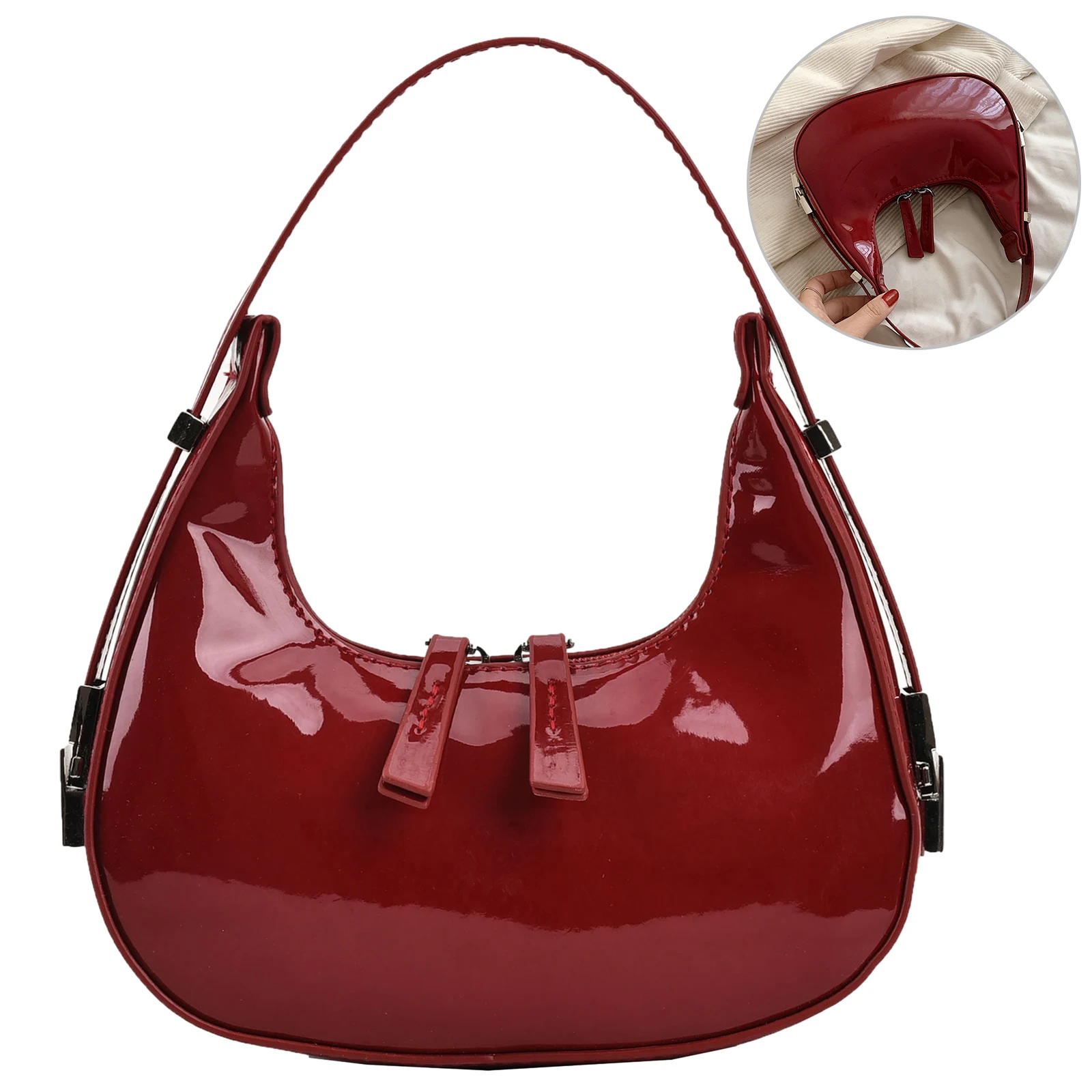 

Women Leather Shoulder Bag Zipper Vintage Tote Bag Chic Crescent Bag Satchel Clutch Travel Dating Purse